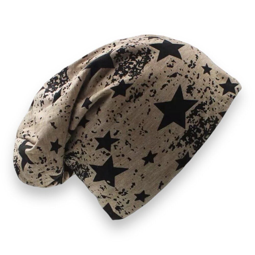 Tan Black Stars Jersey Beanie Hat Skull Cap - NWT